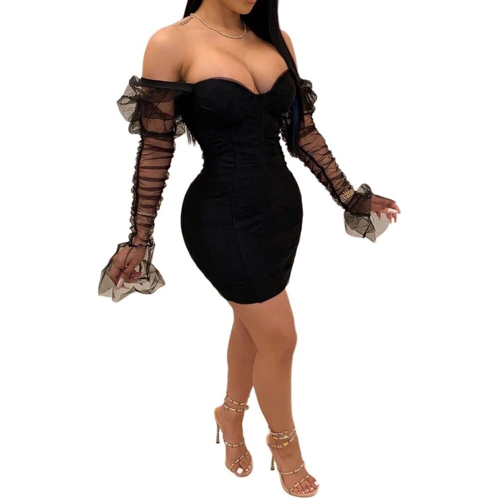 Women Mesh Bodycon Mini Dress Deep V Neck Puff Long Sleeve Party